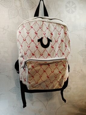True Religion Cream & Red Logo Print Backpack with Black Suede Trim